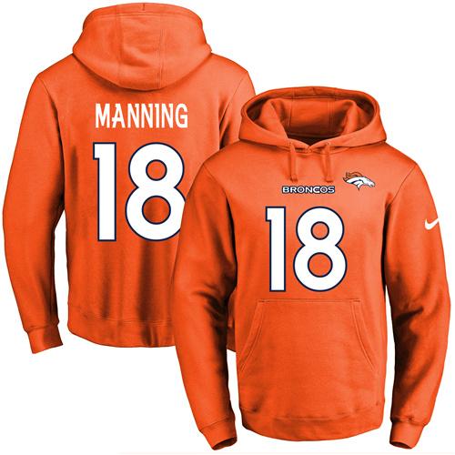 Nike Broncos #18 Peyton Manning Orange Name & Number Pullover NFL Hoodie - Click Image to Close